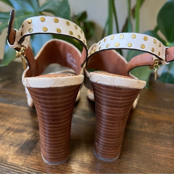Coach Rylie Beige C Monogram Fabric Studded Leather Block Sandal Heels - Picture 5 of 12